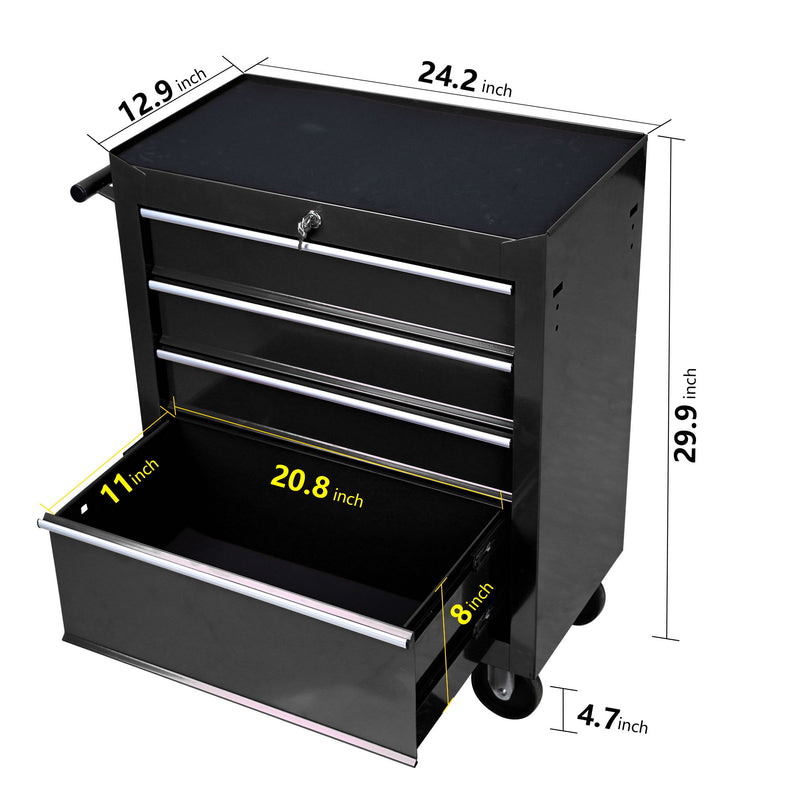 Black tool cart with pull handle and open drawer area, dimensions shown