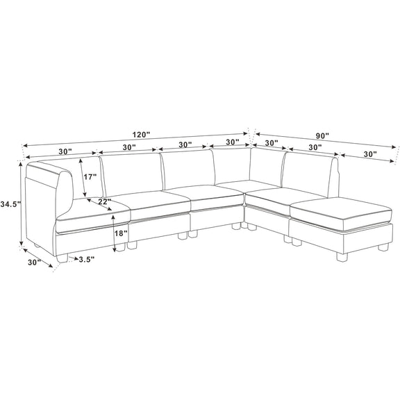 Upholstered modular sectional sofa with corner section and chaise ottoman-style blocks