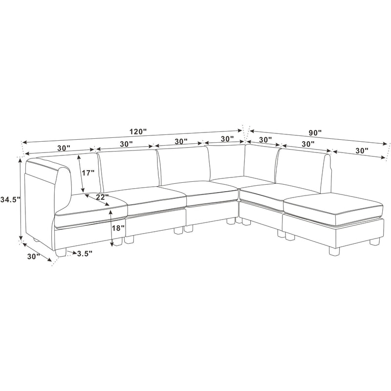 Upholstered modular sectional sofa with corner section and chaise ottoman-style blocks