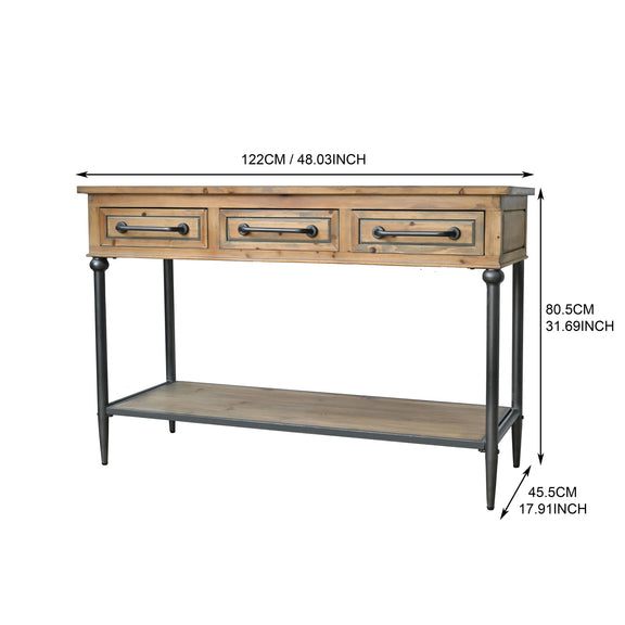 Wood console table with three drawers, open shelf, and size diagram