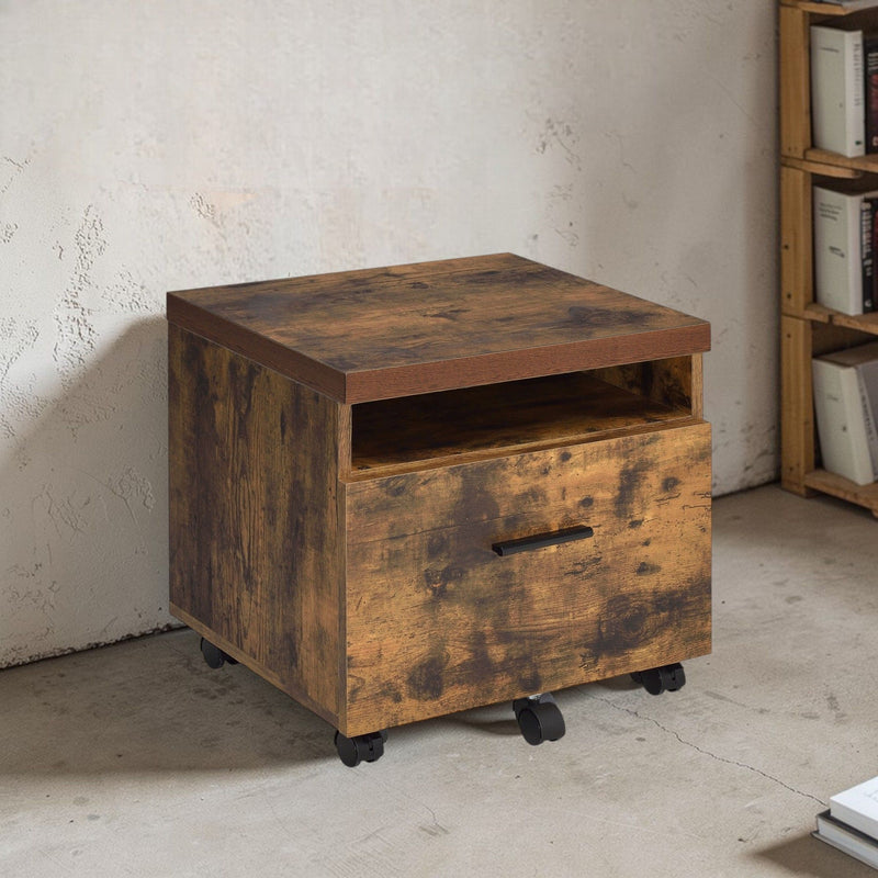 Weathered oak file cabinet with drawer and open top shelf, on black casters