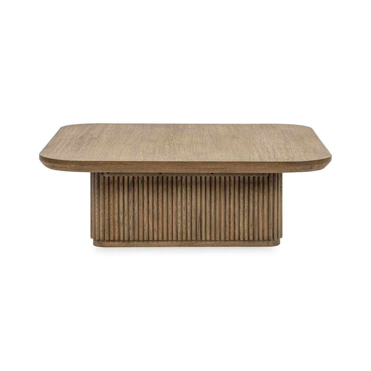 Tawny brown square coffee table with ribbed front panel and wide rounded top