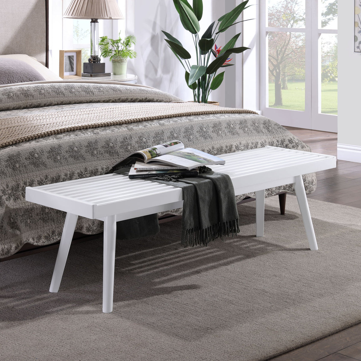Larwich - Solid Wood Slatted Bench - White