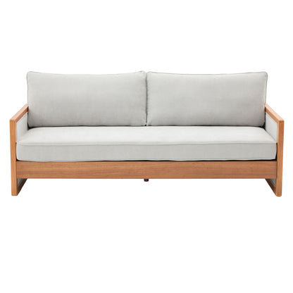3-seater sofa with wood armrests, light gray upholstery and two back cushions