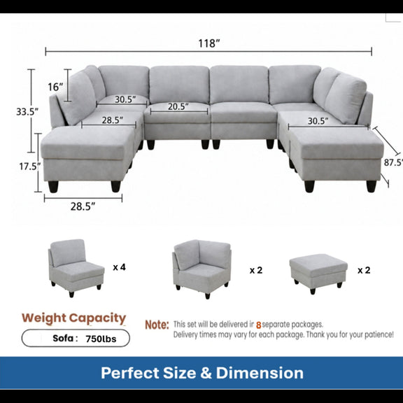 Gray U-shaped sectional sofa with dimensions diagram and modular seat piece counts
