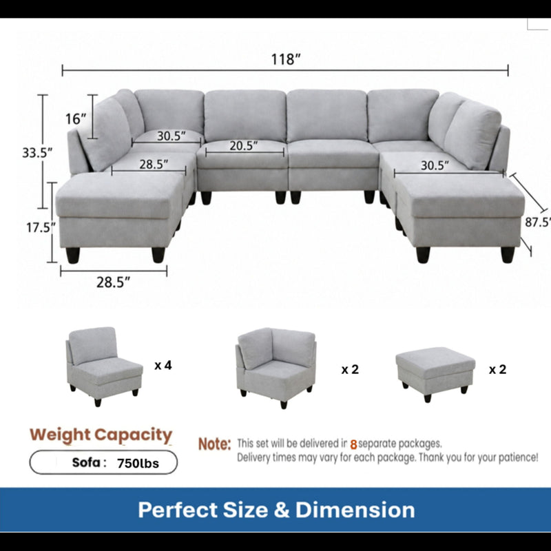 Gray U-shaped sectional sofa with dimensions diagram and modular seat piece counts