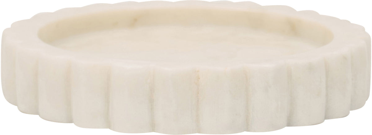 Beige marble tray with scalloped edge and carved circular design