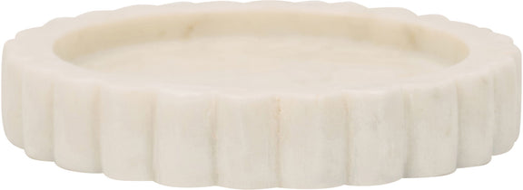 Beige marble tray with scalloped edge and carved circular design