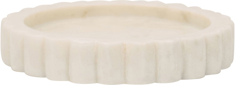 Beige marble tray with scalloped edge and carved circular design
