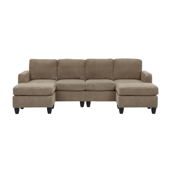 Light brown modular sectional sofa with two ottomans and straight backrest cushions
