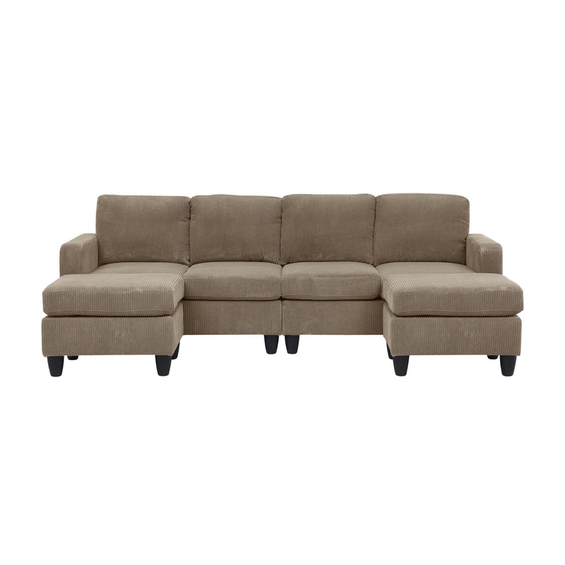 Light brown modular sectional sofa with two ottomans and straight backrest cushions