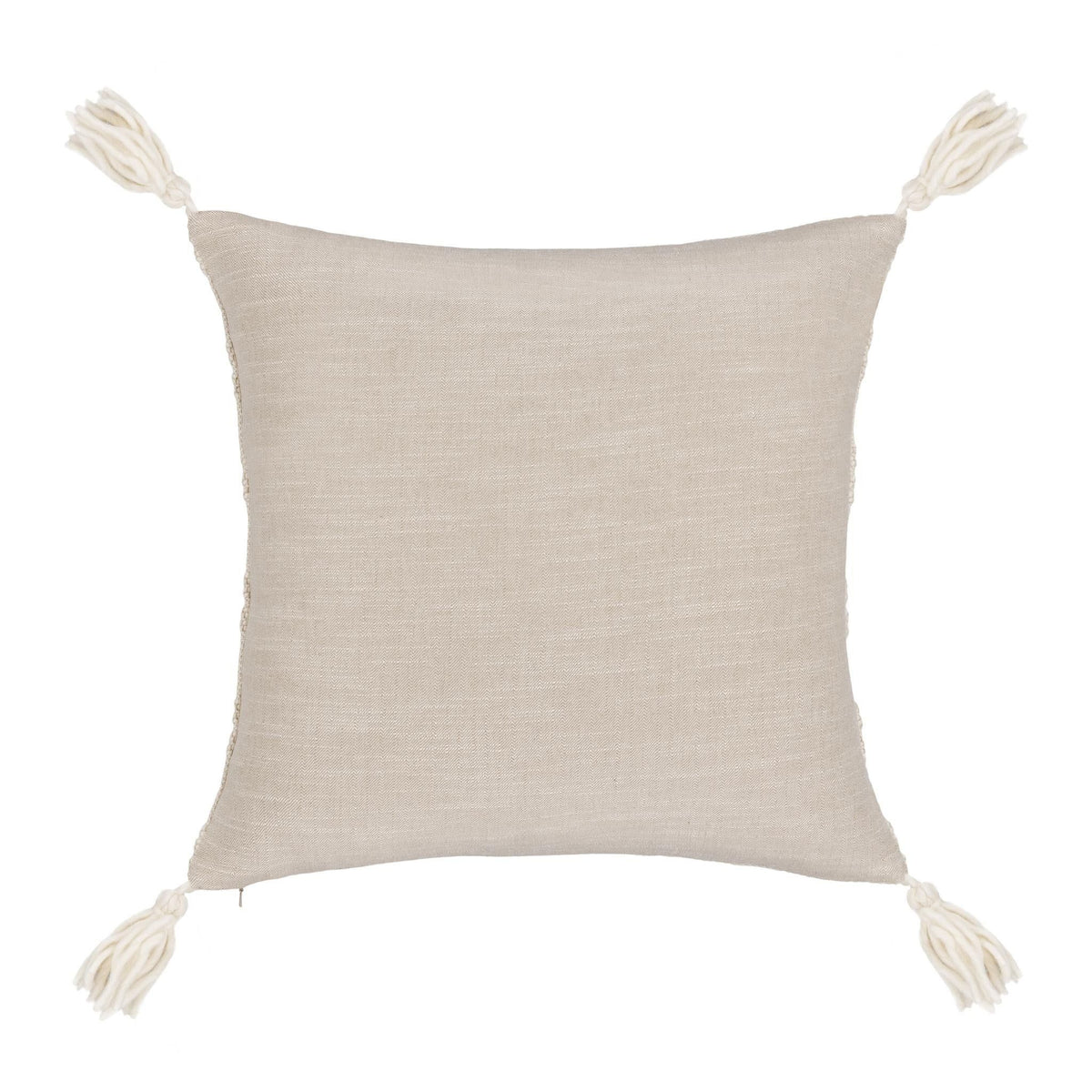 Natural square pillow cover with corner tassels and smooth textured weave