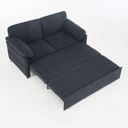 Black convertible sofa bed with pull-out mattress and thick padded arms