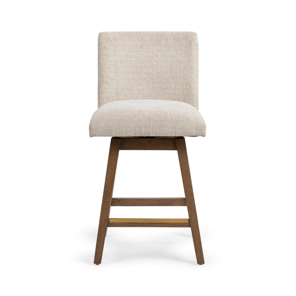 Counter-height swivel stool with light beige upholstery and padded square back, wooden legs.