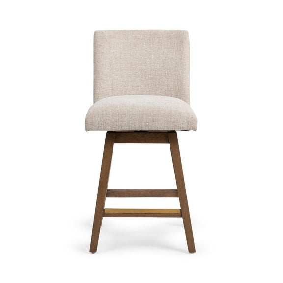 Counter-height swivel stool with light beige upholstery and padded square back, wooden legs.