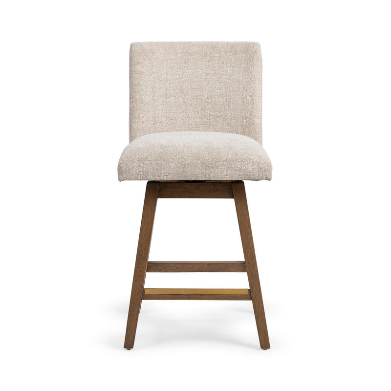 Counter-height swivel stool with light beige upholstery and padded square back, wooden legs.