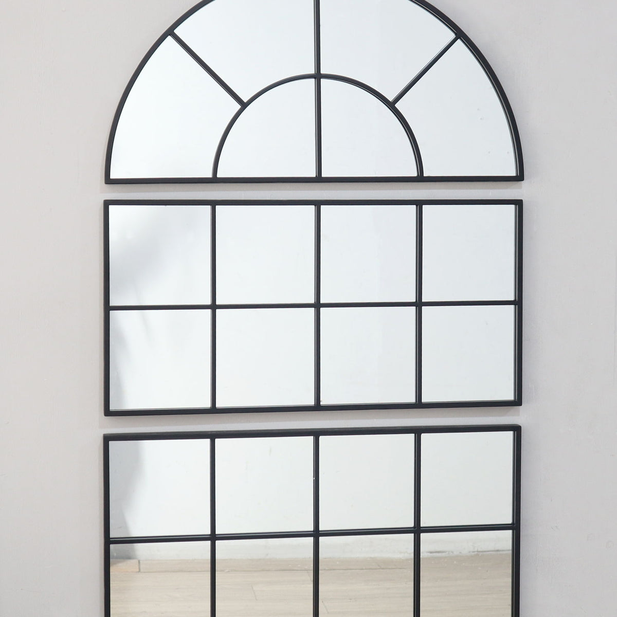 Large Arched Wall Mirror With 3 Separate Sections - Black