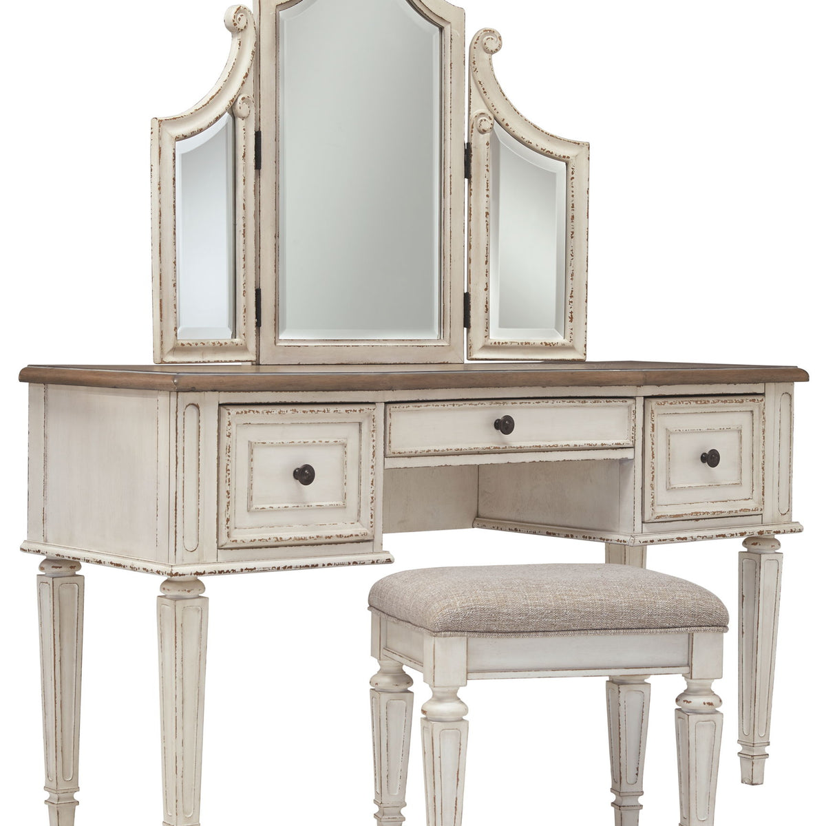 Realyn - Vanity/Mirror/Stool (Set of 3) - White / Brown / Beige
