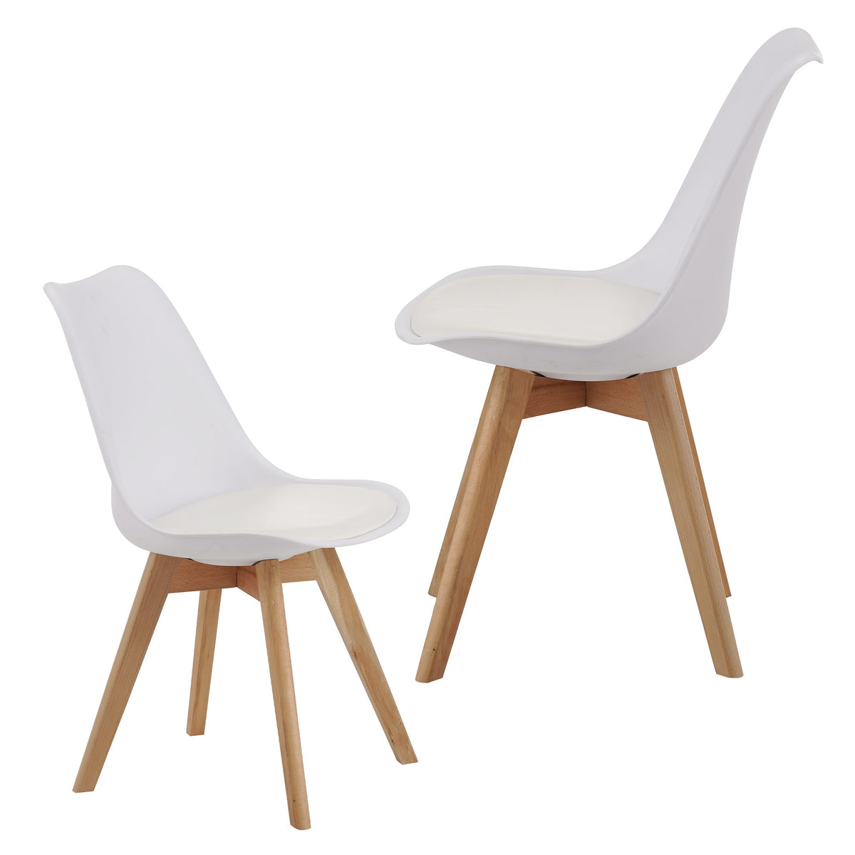 Set of 2 white dining chairs with curved back, padded seat, and light wood legs