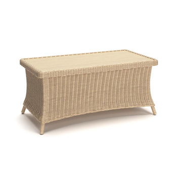 Stewarts Point rectangular cocktail table in beige woven wicker with a flat top and tapered legs