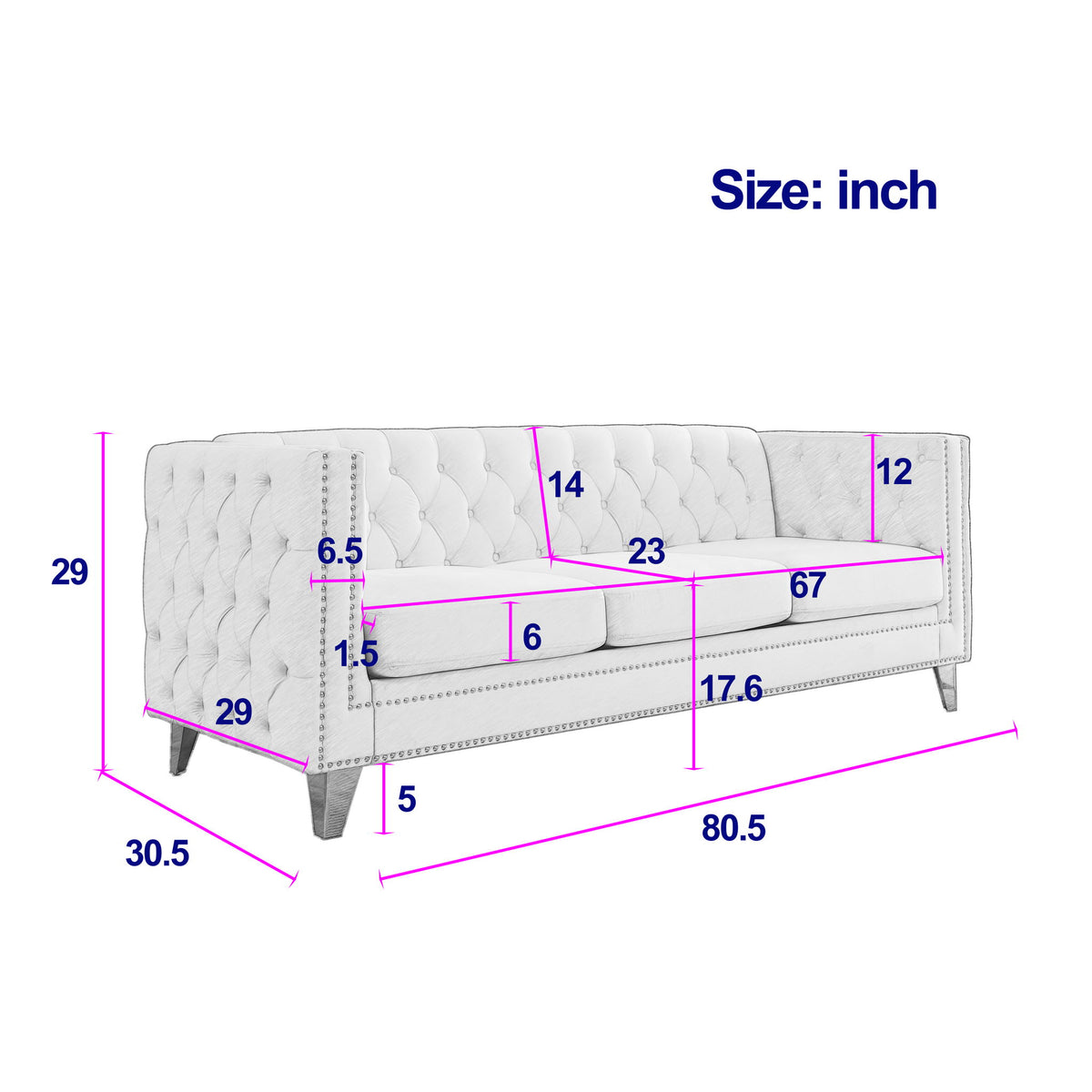 Beige tufted sofa size diagram with labeled dimensions in inches