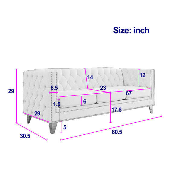 Beige tufted sofa size diagram with labeled dimensions in inches