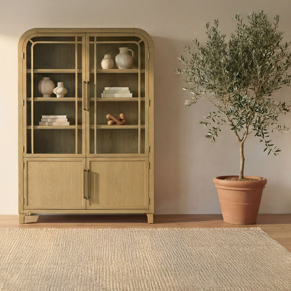 Natural wood display cabinet with glass doors, open shelves, and two lower panels