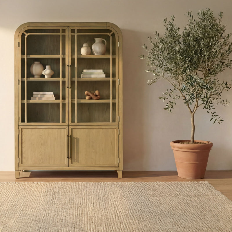 Natural wood display cabinet with glass doors, open shelves, and two lower panels