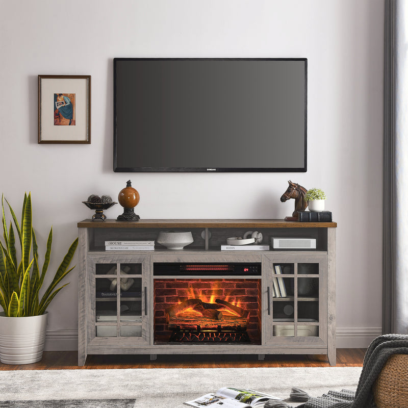 55 inch TV Media Stand with Electric Fireplace KD Inserts Heater, Gray Wash Color