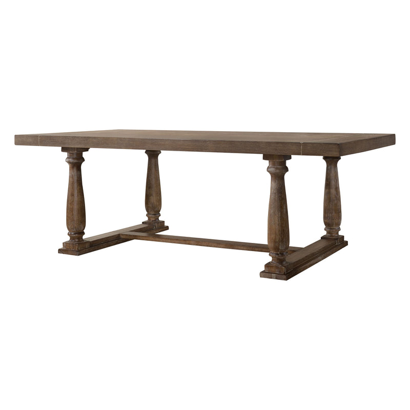 Dark brown rectangular dining table with four turned pedestal legs
