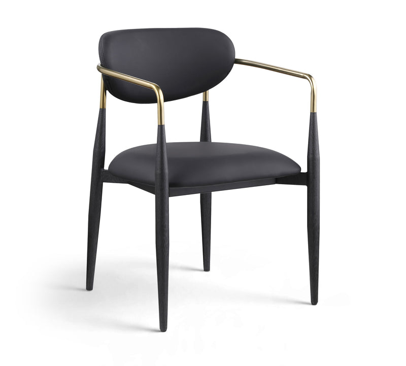 Upholstered dining arm chair with dark gray seat and back, black legs, gold arm frame