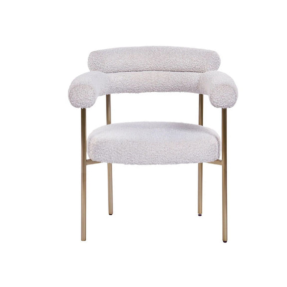 Beige dining chair with armrests, rounded back and padded seat, gold legs