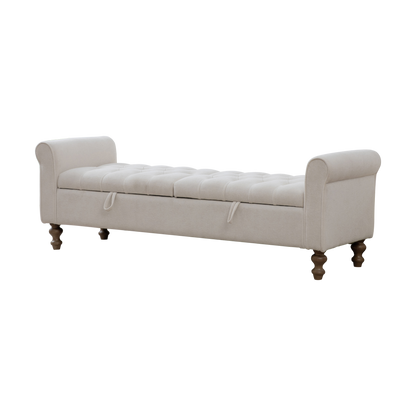 Modern Beige Napped Fabric Upholstered Storage Bench with Rolled Armrest, Rubberwood Legs, 65.75' Wide for Living Room, Entryway, Bedroom, Dormitory