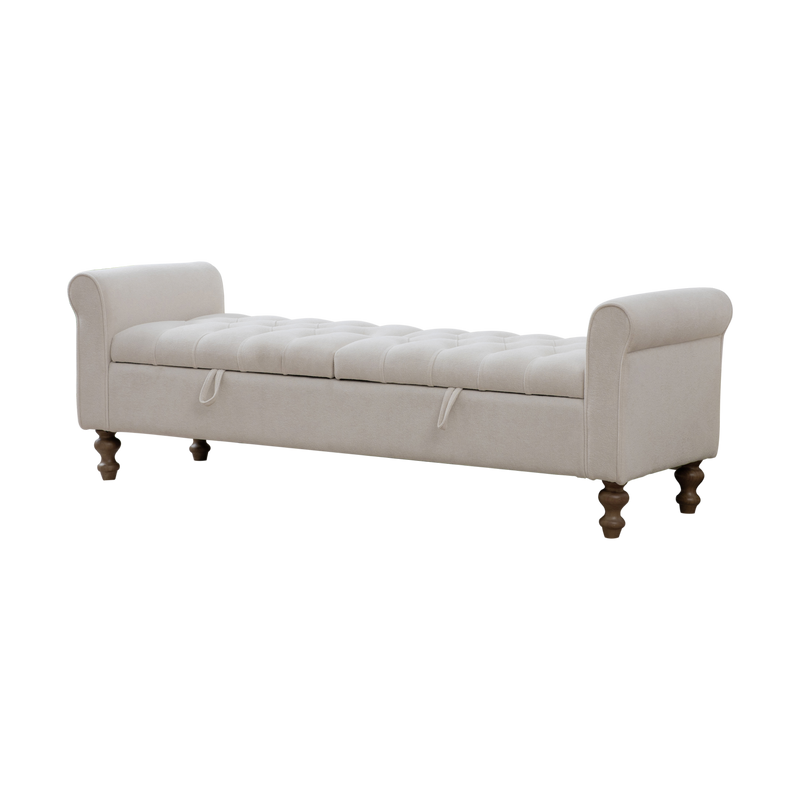 Modern Beige Napped Fabric Upholstered Storage Bench with Rolled Armrest, Rubberwood Legs, 65.75' Wide for Living Room, Entryway, Bedroom, Dormitory