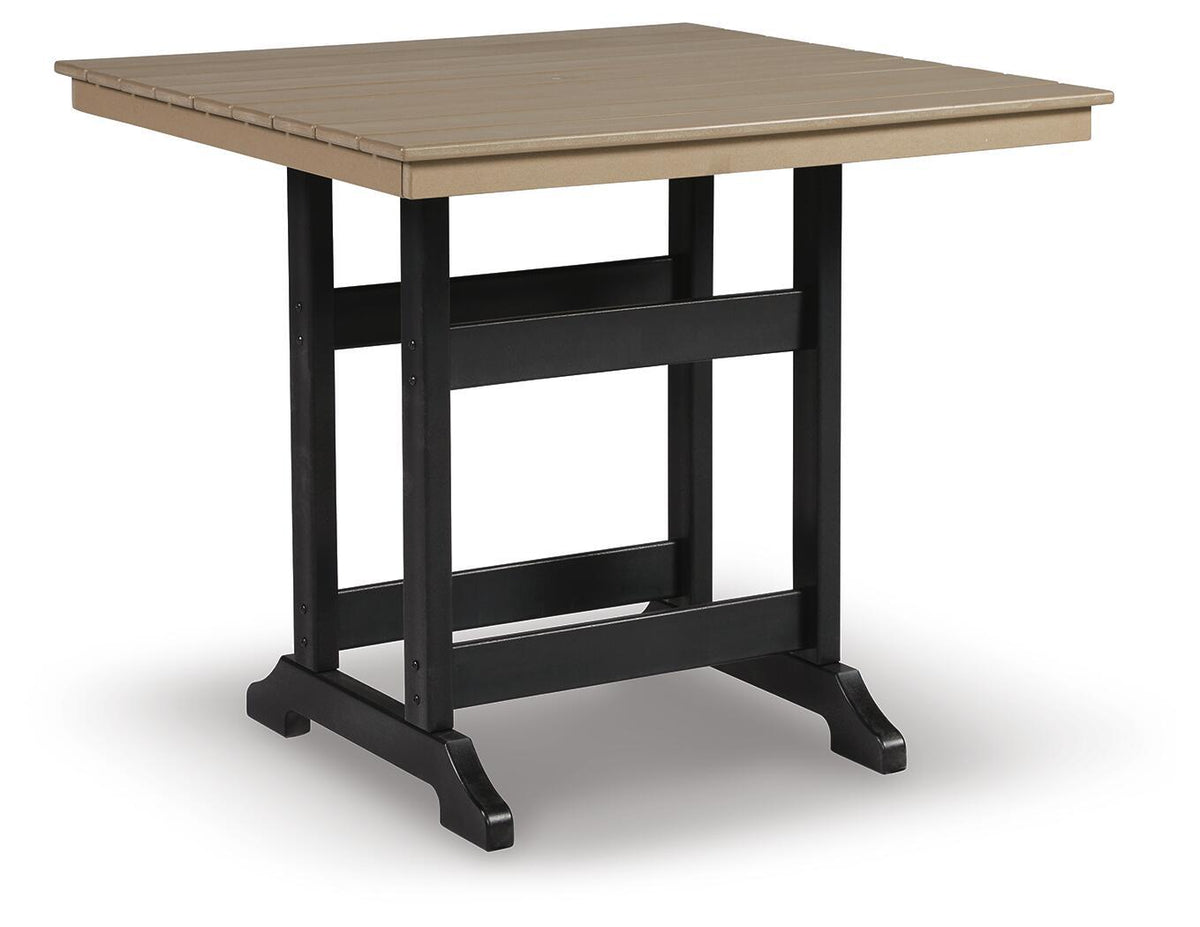Square outdoor counter table with driftwood top slats and black pedestal base