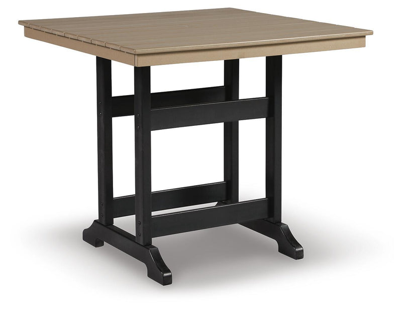 Square outdoor counter table with driftwood top slats and black pedestal base