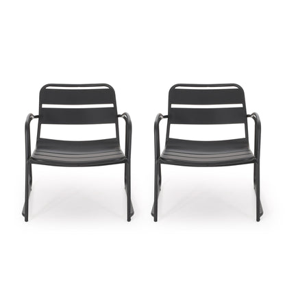 Black outdoor seating chair set with armrests and slatted seat and backrest