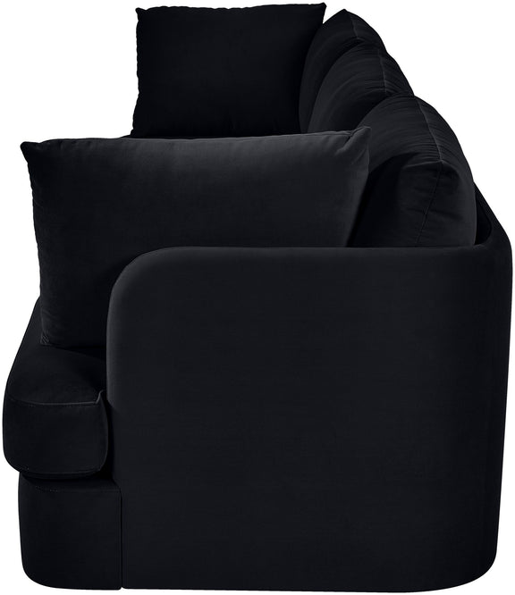 Black velvet 3-piece sofa with rounded arms and layered back cushions