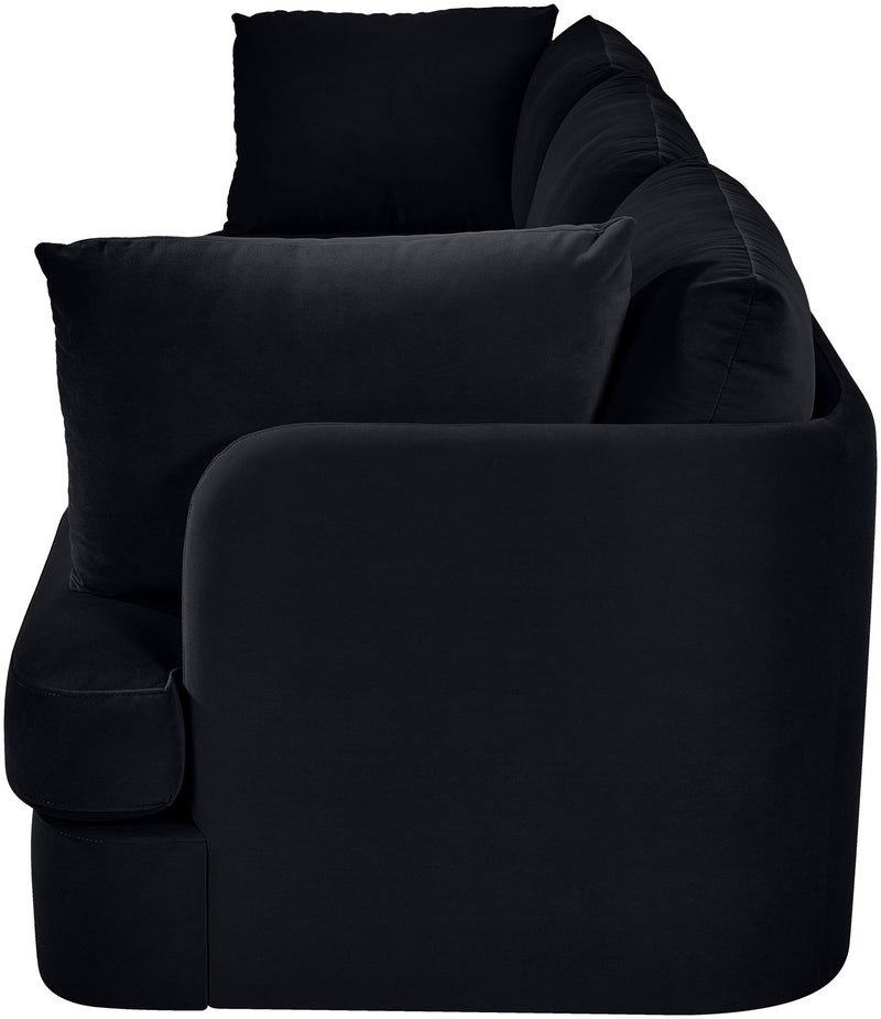 Black velvet 3-piece sofa with rounded arms and layered back cushions