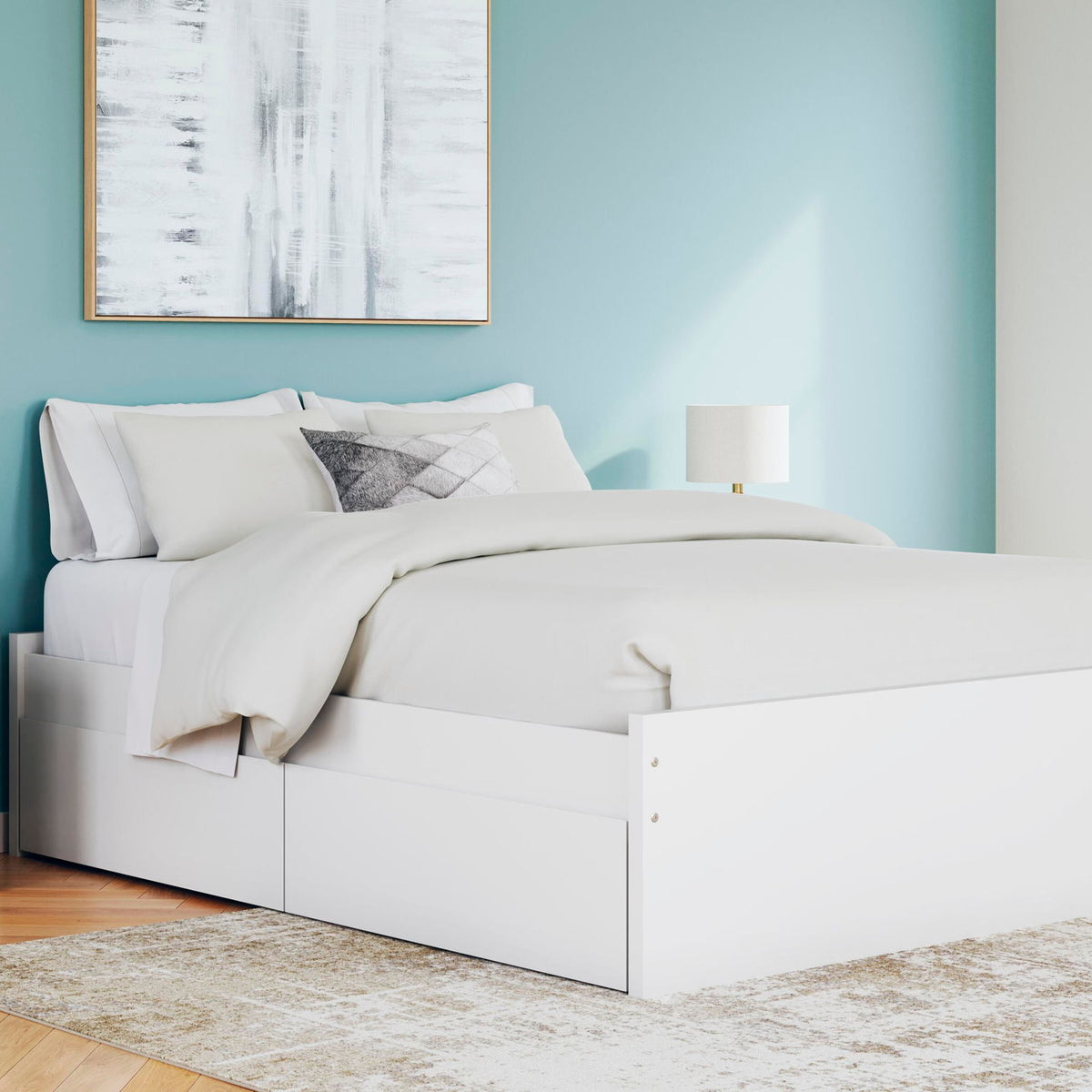 White platform bed with two side storage drawers