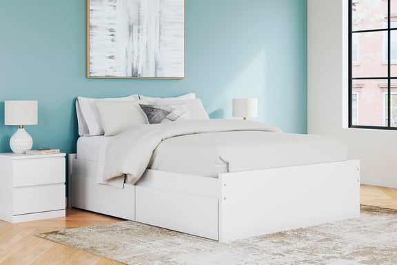 White platform bed with two side storage drawers