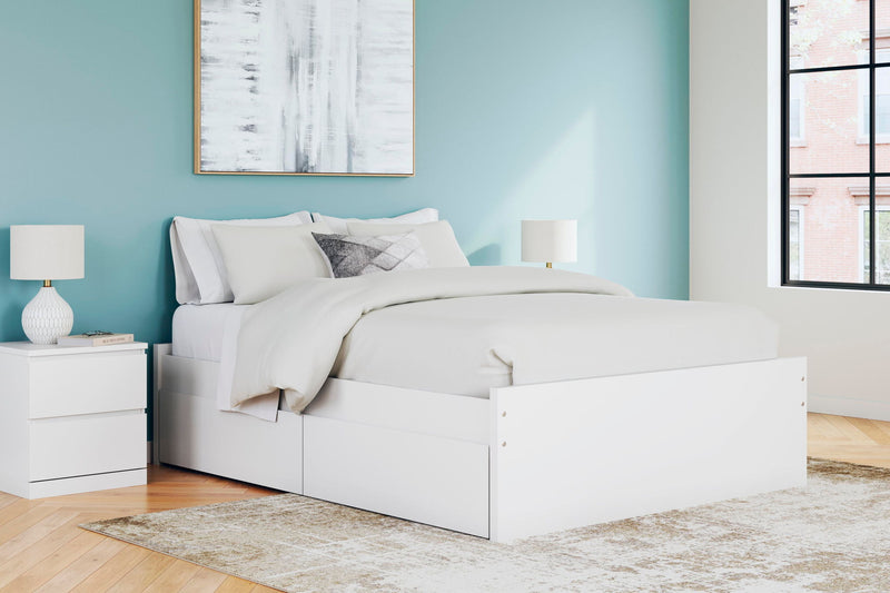 White platform bed with two side storage drawers