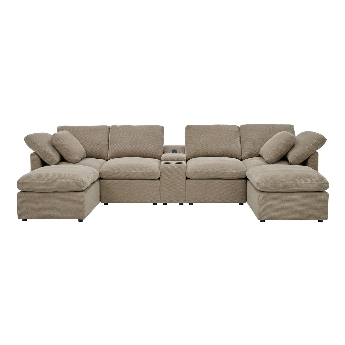 Front view of a light brown symmetrical sectional with central cup holders