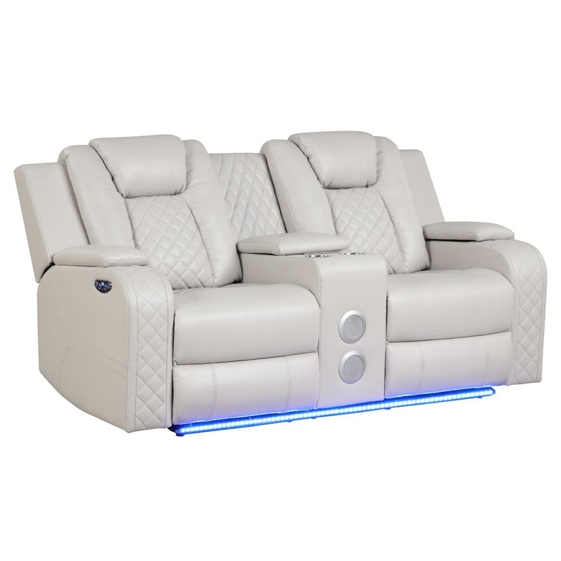 Light beige power reclining loveseat with quilted upholstery and blue LED light strip