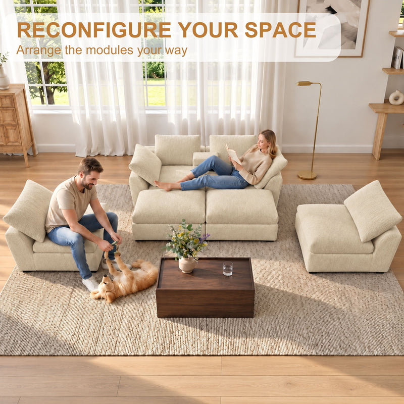 Beige modular sectional sofa with chaise ottoman modules and storage console
