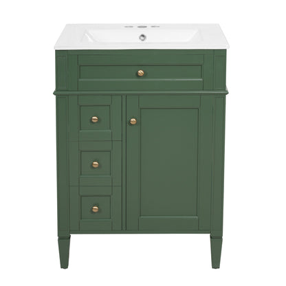 Dark green bathroom vanity cabinet with countertop sink, drawer and door storage