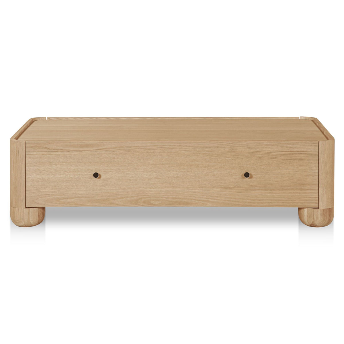 Natural wood coffee table front view with one drawer and rounded feet