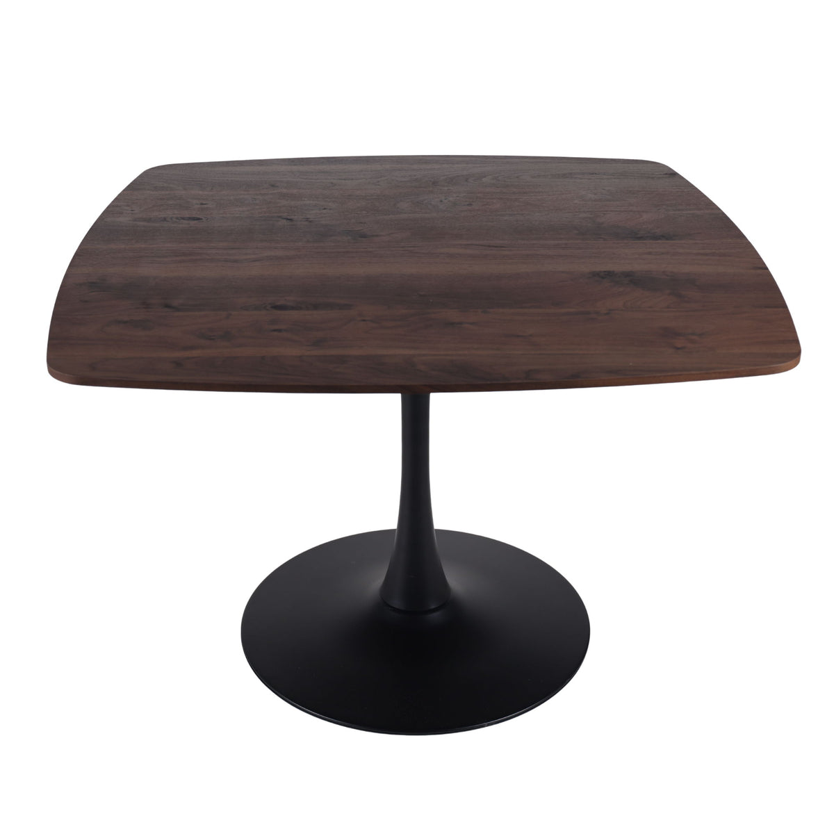 Dark brown square-top dining table with black pedestal base