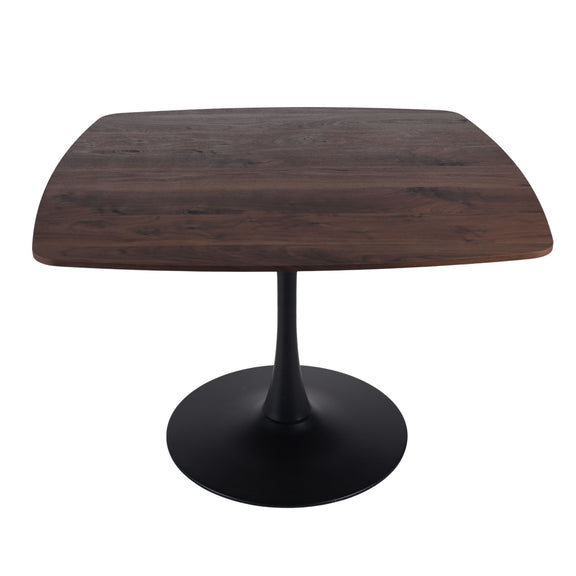 Dark brown square-top dining table with black pedestal base