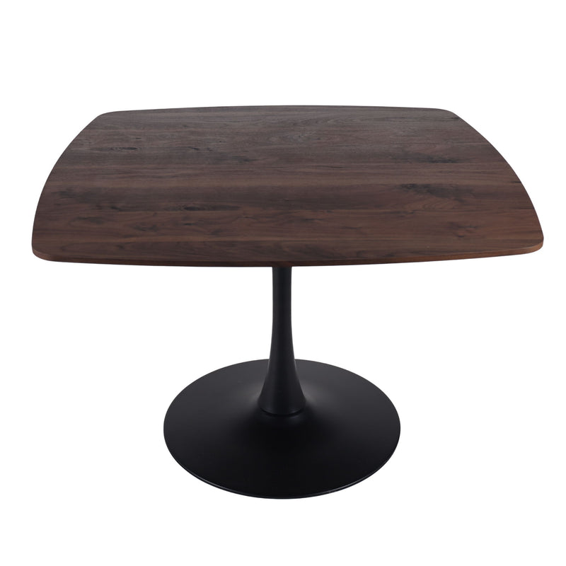 Dark brown square-top dining table with black pedestal base